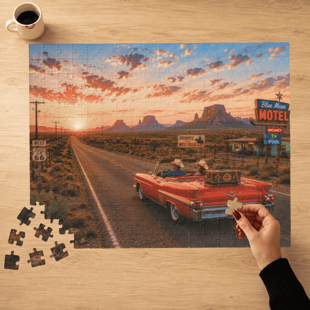 No Plans, No Problem – Retro Route 66 Desert Road Trip Art Puzzle
