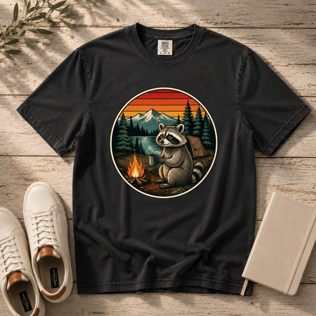 Camping Raccoon – Campfire T-Shirt | Outdoors Edition