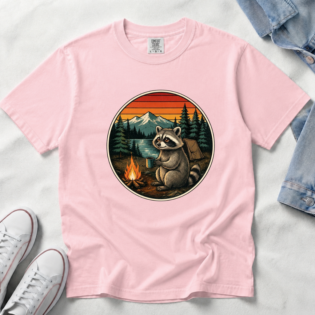 Camping Raccoon – Campfire T-Shirt | Outdoors Edition