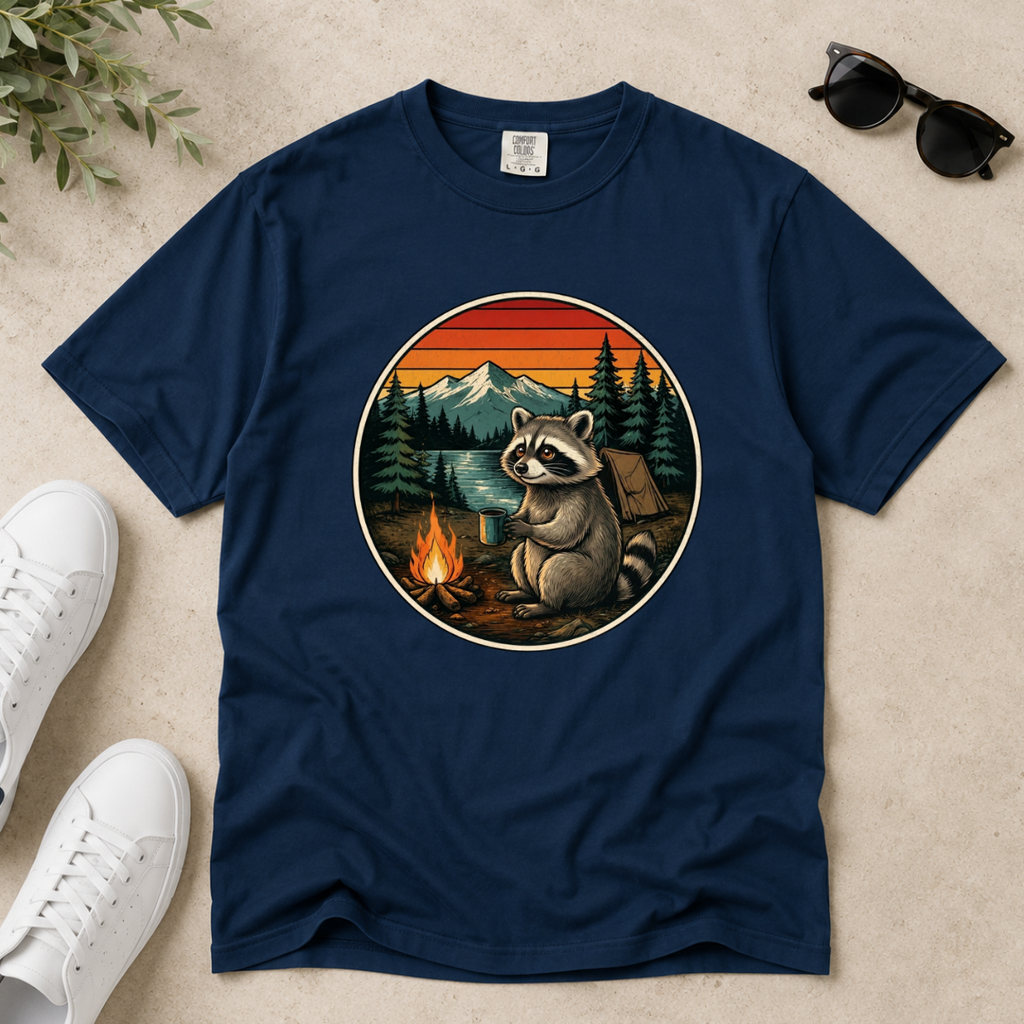 Camping Raccoon – Campfire T-Shirt | Outdoors Edition