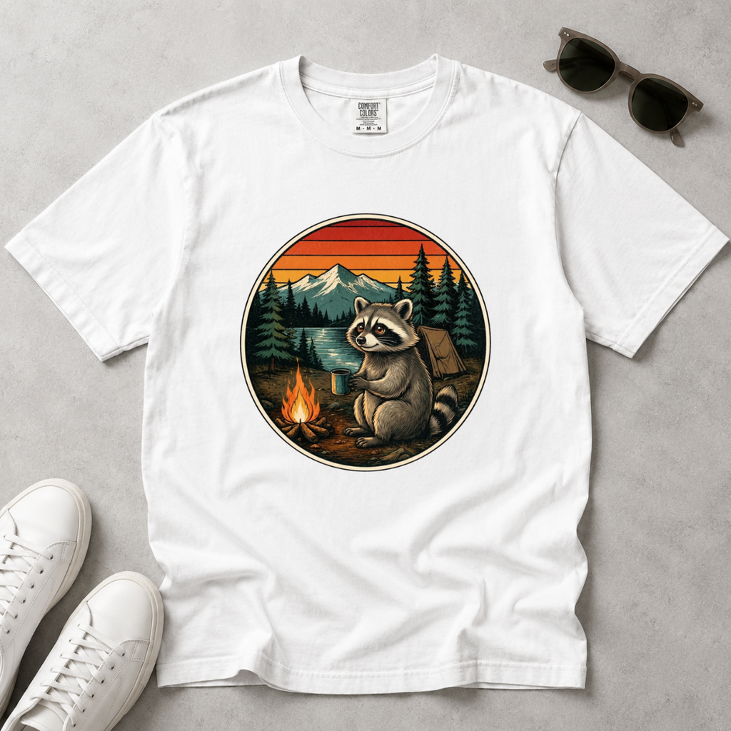 Camping Raccoon – Campfire T-Shirt | Outdoors Edition