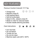 Key features of a Premium Comfort Colors 1717 Tee on a white background