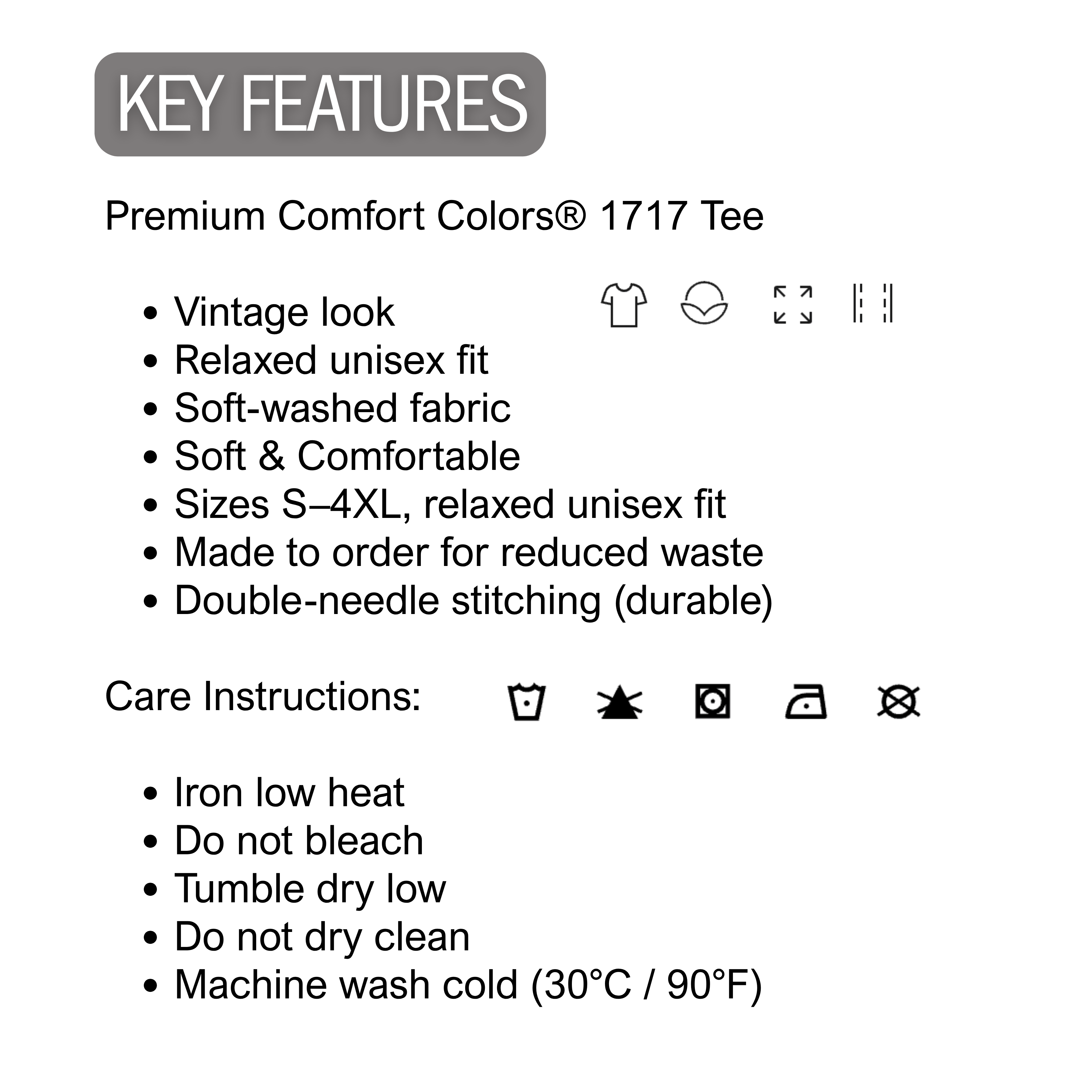 Key features of a Premium Comfort Colors 1717 Tee on a white background