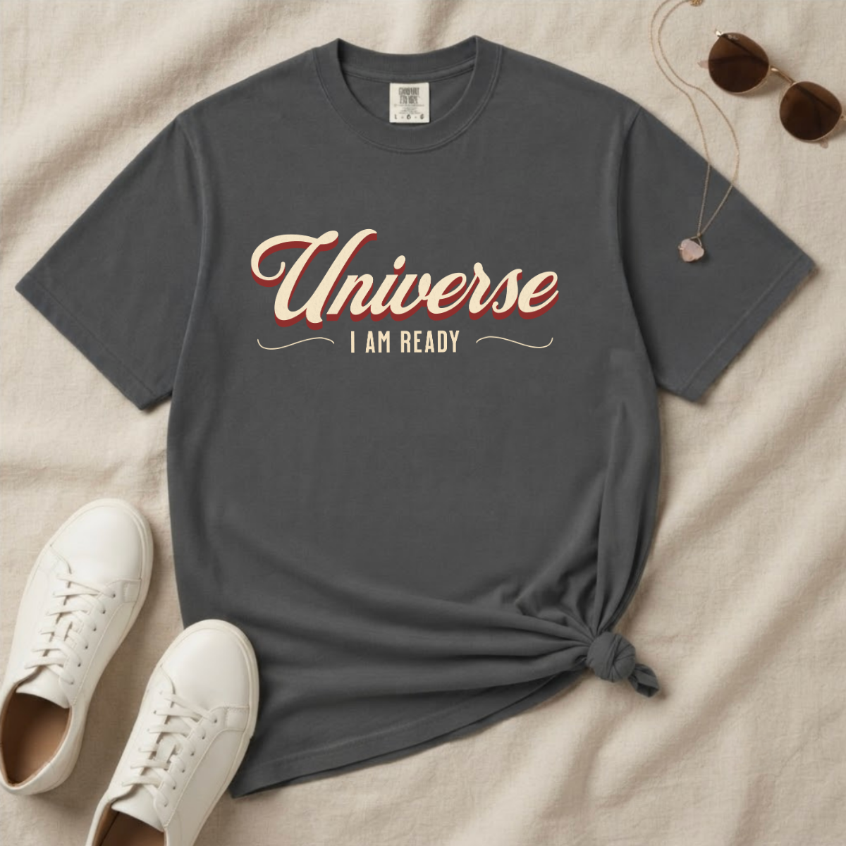 Universe I Am Ready – Retro Script Manifestation T-Shirt