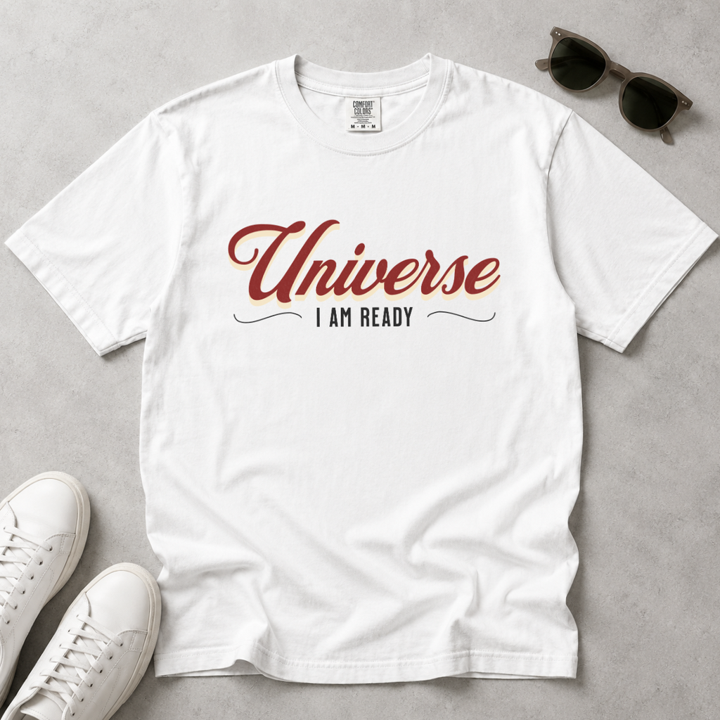 Universe I Am Ready – Retro Script Manifestation T-Shirt