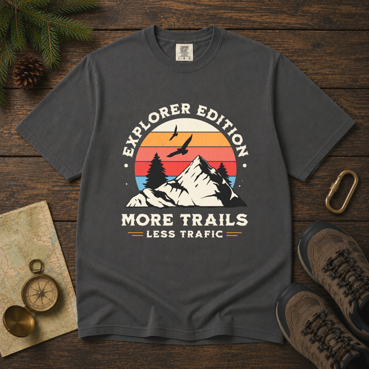 More Trails Less Traffic – Hiking T-Shirt | Explorer Edition