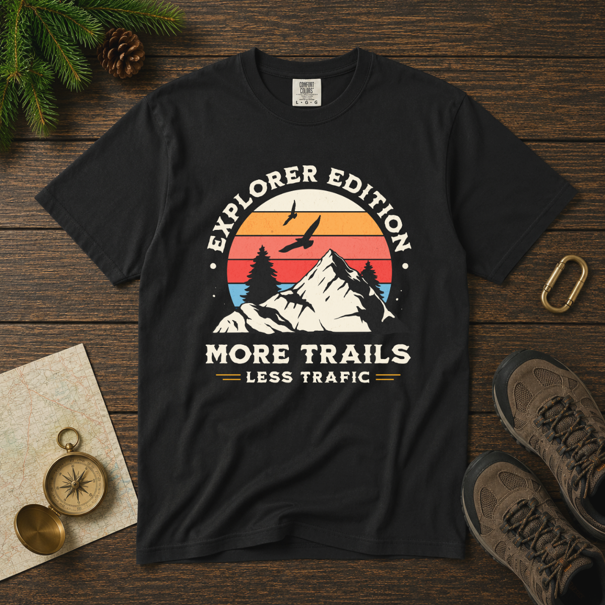 More Trails Less Traffic – Hiking T-Shirt | Explorer Edition
