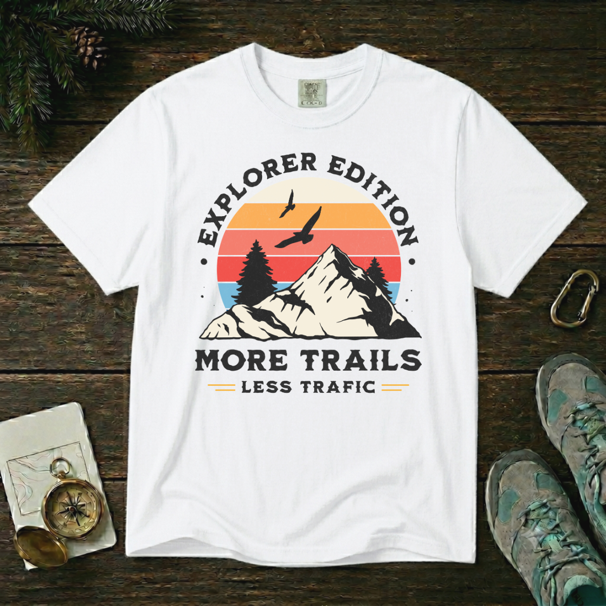More Trails Less Traffic – Hiking T-Shirt | Explorer Edition