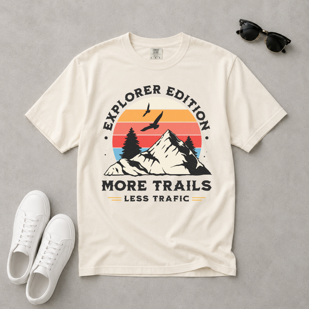 More Trails Less Traffic – Hiking T-Shirt | Explorer Edition
