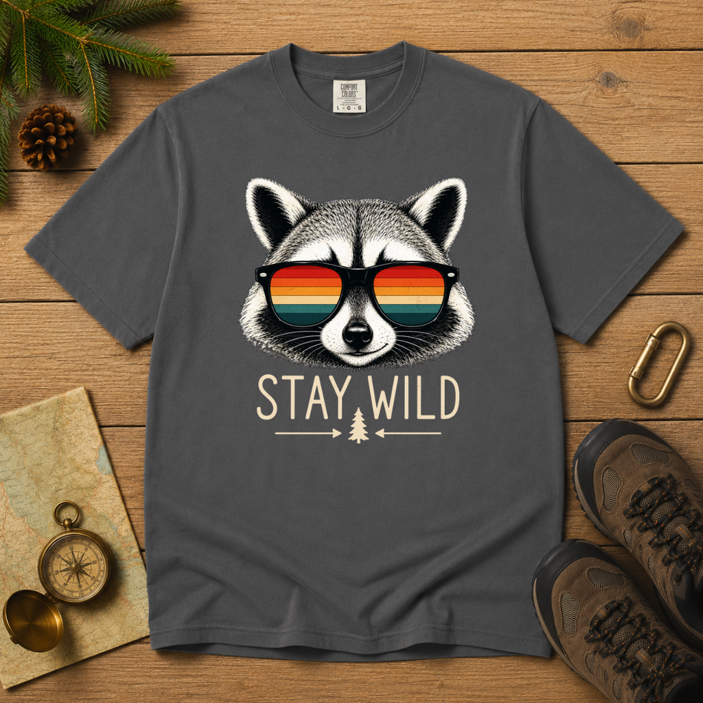 Stay Wild Raccoon – Retro Sunglasses T-Shirt | Outdoors Edition