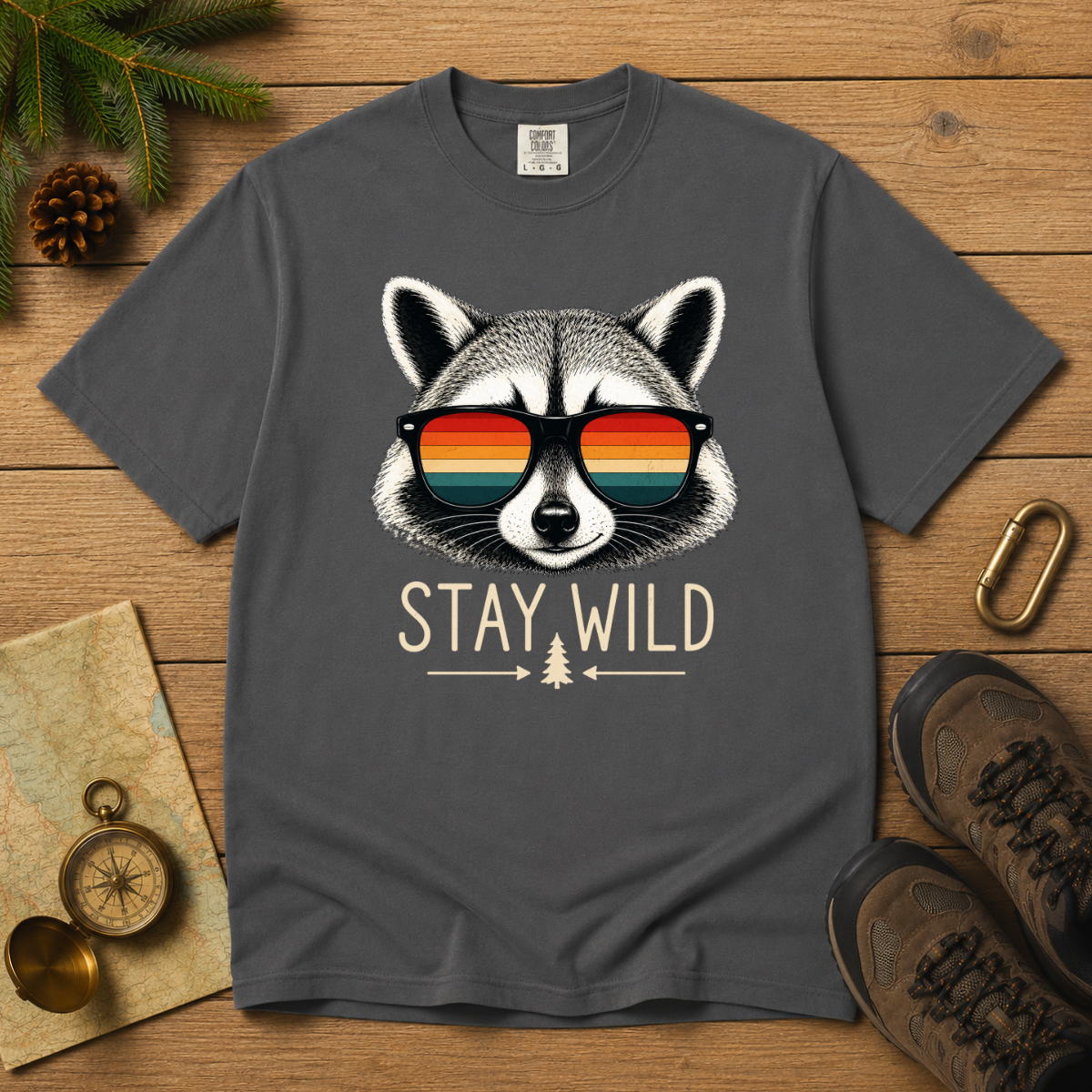 Stay Wild Raccoon – Retro Sunglasses T-Shirt | Outdoors Edition