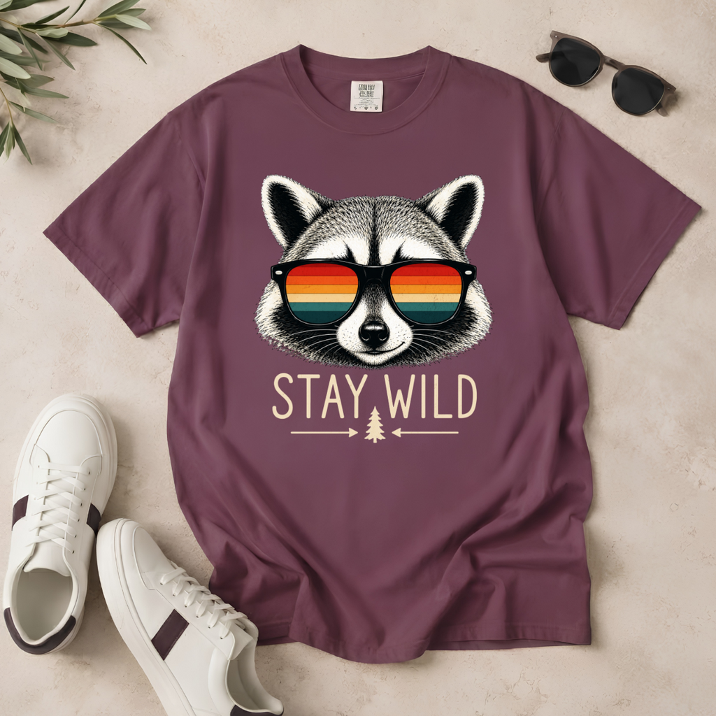 Stay Wild Raccoon – Retro Sunglasses T-Shirt | Outdoors Edition