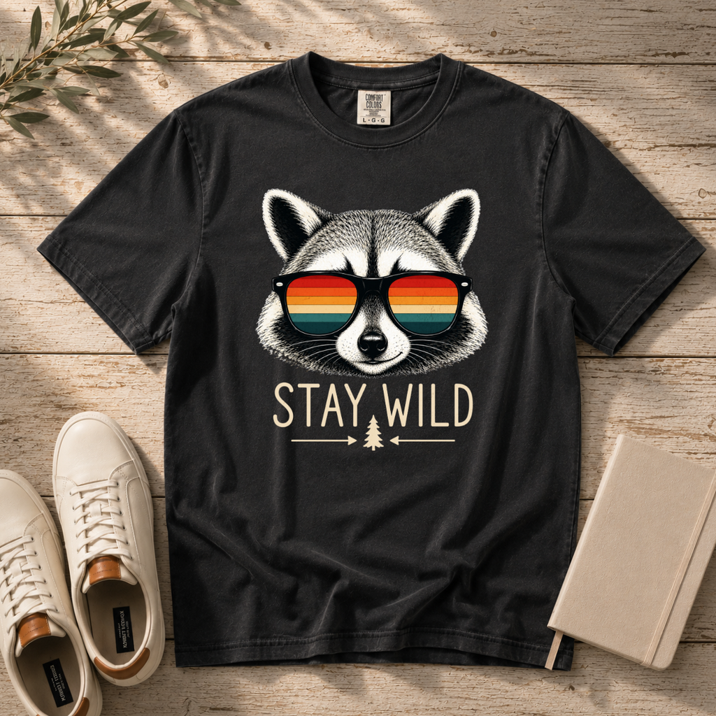 Stay Wild Raccoon – Retro Sunglasses T-Shirt | Outdoors Edition