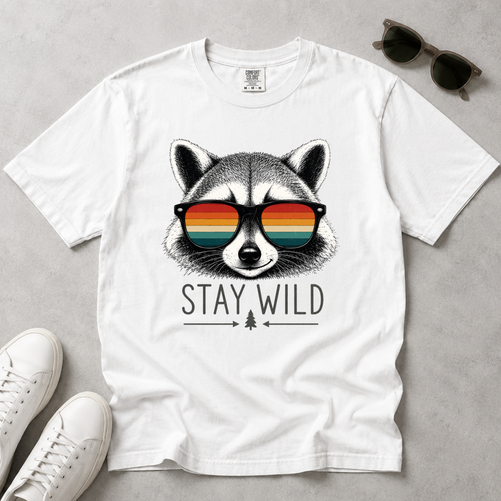 Stay Wild Raccoon – Retro Sunglasses T-Shirt | Outdoors Edition