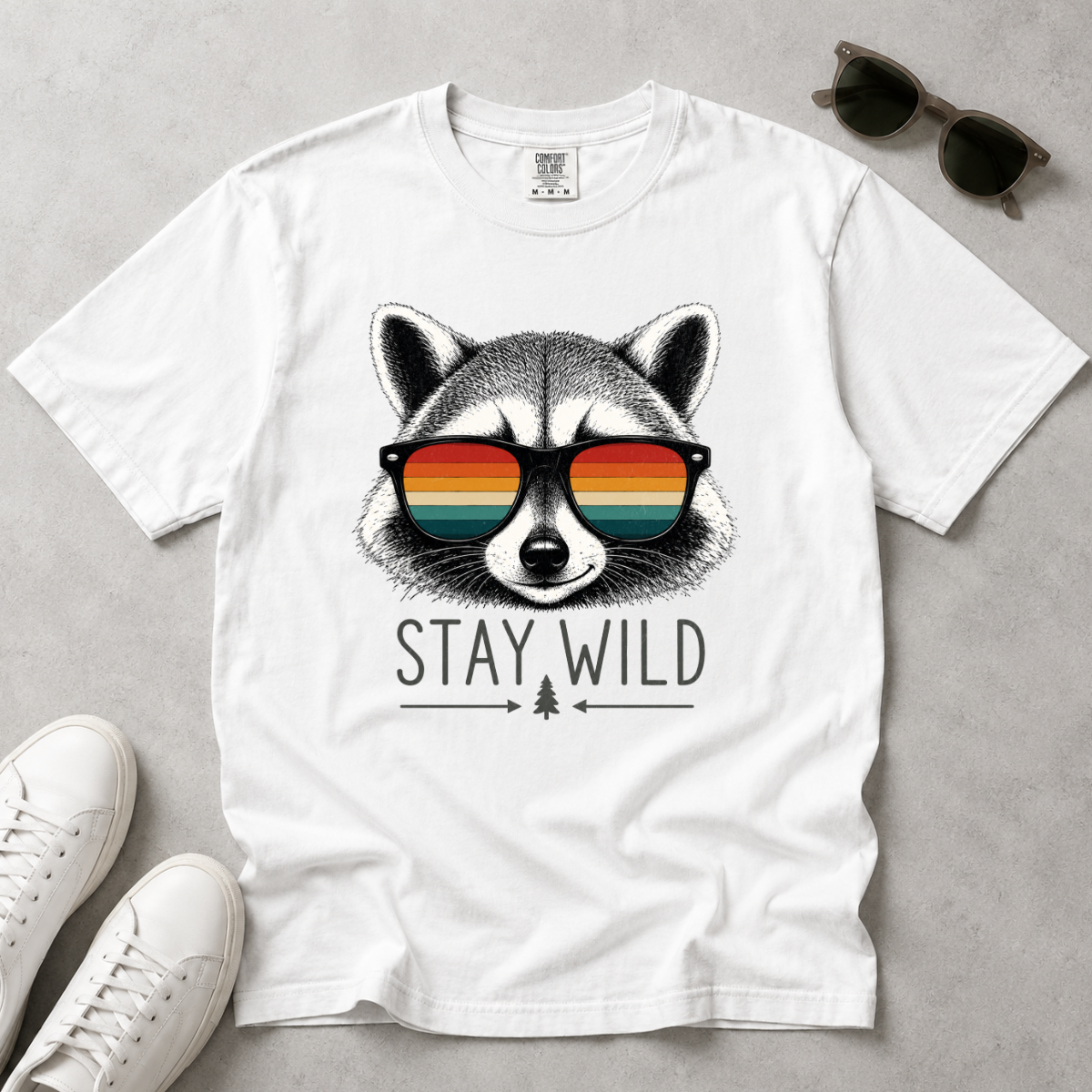 Stay Wild Raccoon – Retro Sunglasses T-Shirt | Outdoors Edition