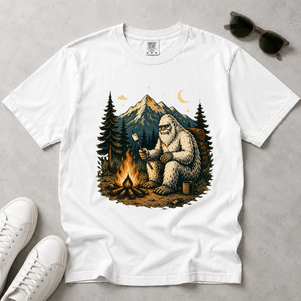 A white short-sleeve graphic T-shirt laid flat on a light gray surface, featuring a large illustrated campfire scene with a Yeti sitting by the fire, mountains, trees, and a crescent moon. White sneakers and dark sunglasses are partially visible around the shirt as styling props.