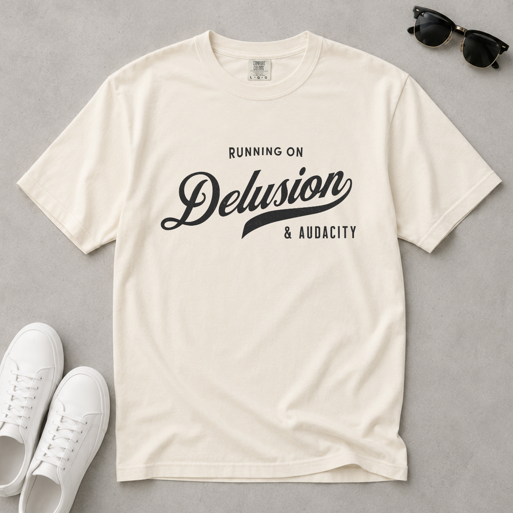 Fueled by Delusion & Audacity – Funny Entrepreneur T-Shirt | Explorer Edition