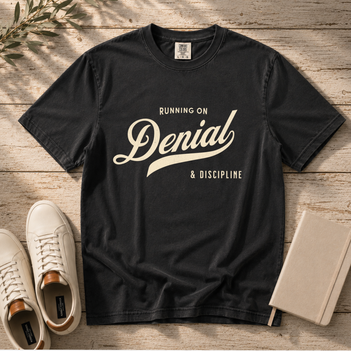 Fueled by Denial & Discipline – Funny Gym T-Shirt | Explorer Edition