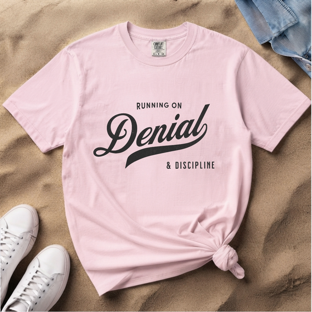 Fueled by Denial & Discipline – Funny Gym T-Shirt | Explorer Edition