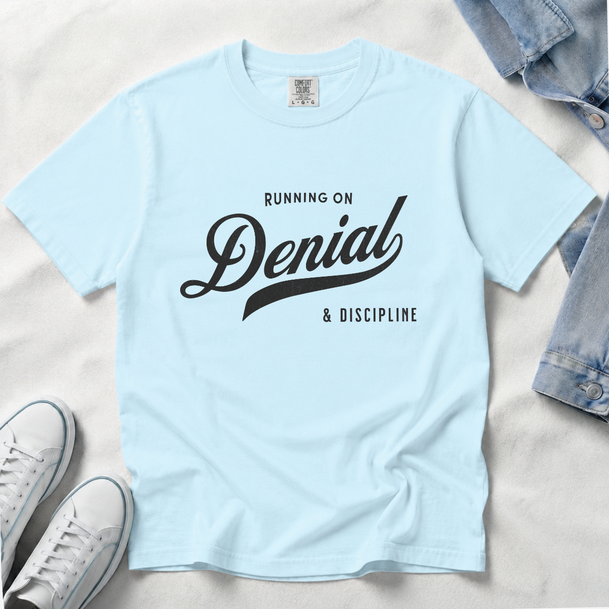 Fueled by Denial & Discipline – Funny Gym T-Shirt | Explorer Edition