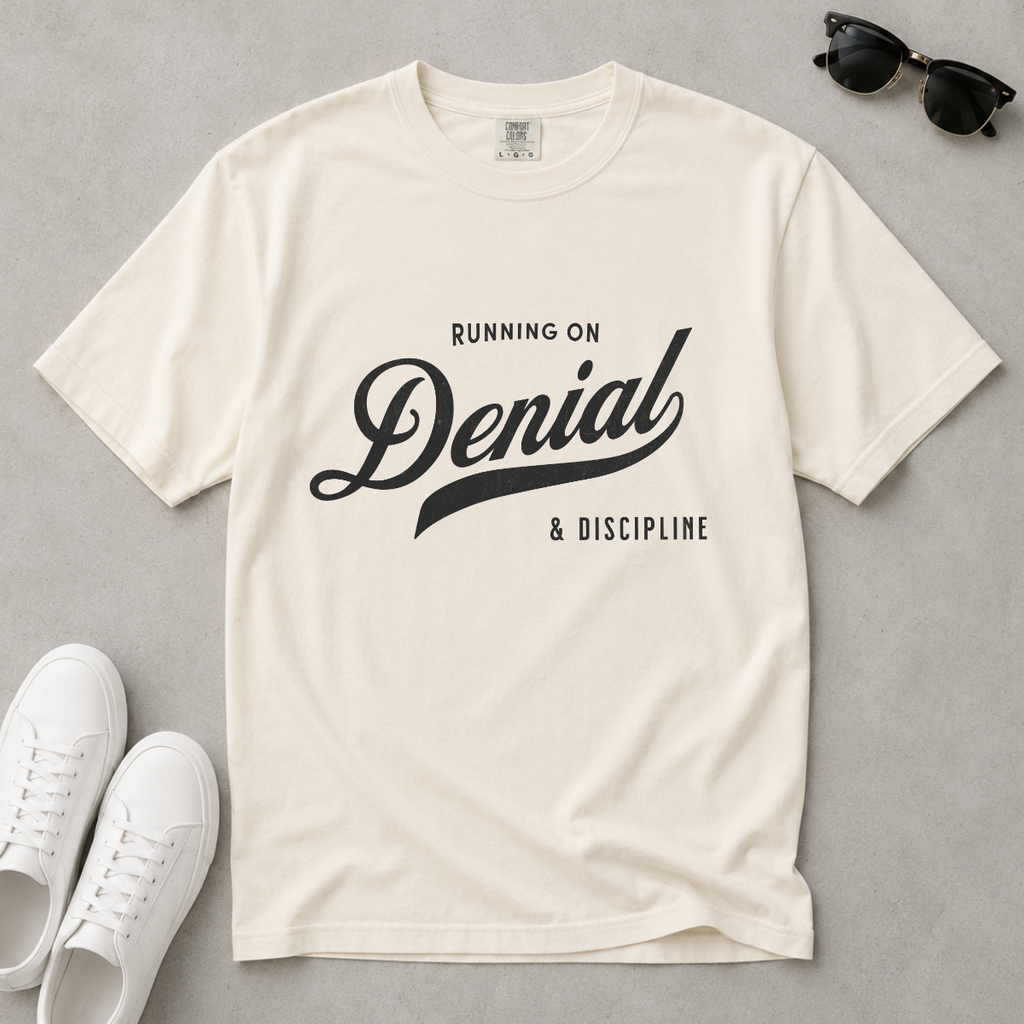 Fueled by Denial & Discipline – Funny Gym T-Shirt | Explorer Edition