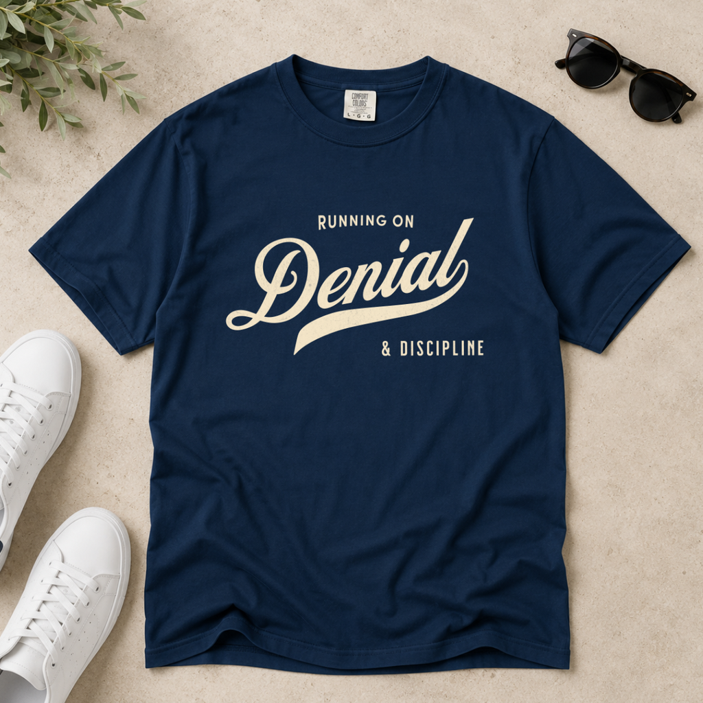 Fueled by Denial & Discipline – Funny Gym T-Shirt | Explorer Edition