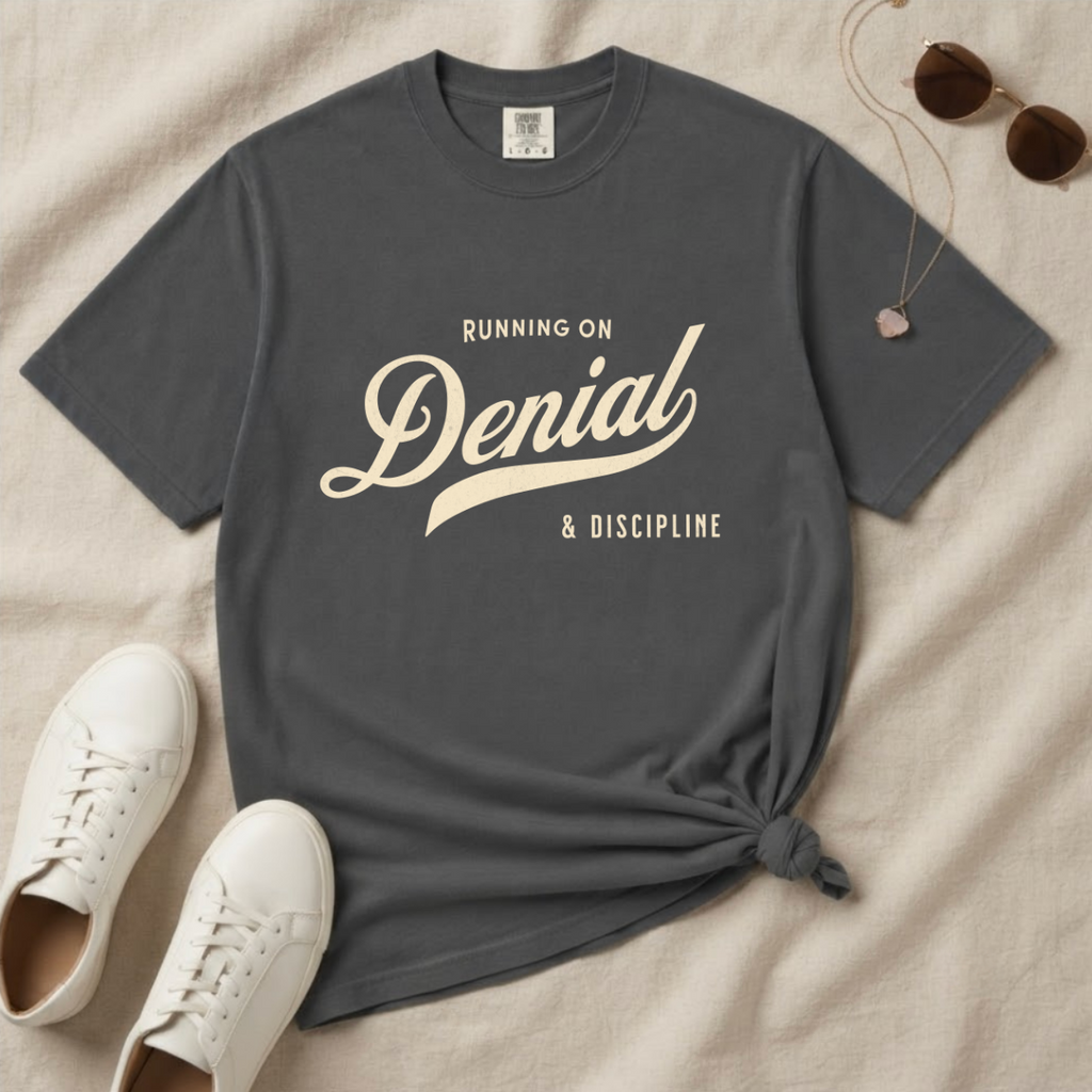 Fueled by Denial & Discipline – Funny Gym T-Shirt | Explorer Edition
