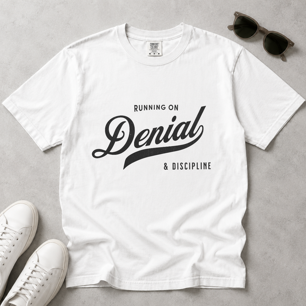Fueled by Denial & Discipline – Funny Gym T-Shirt | Explorer Edition