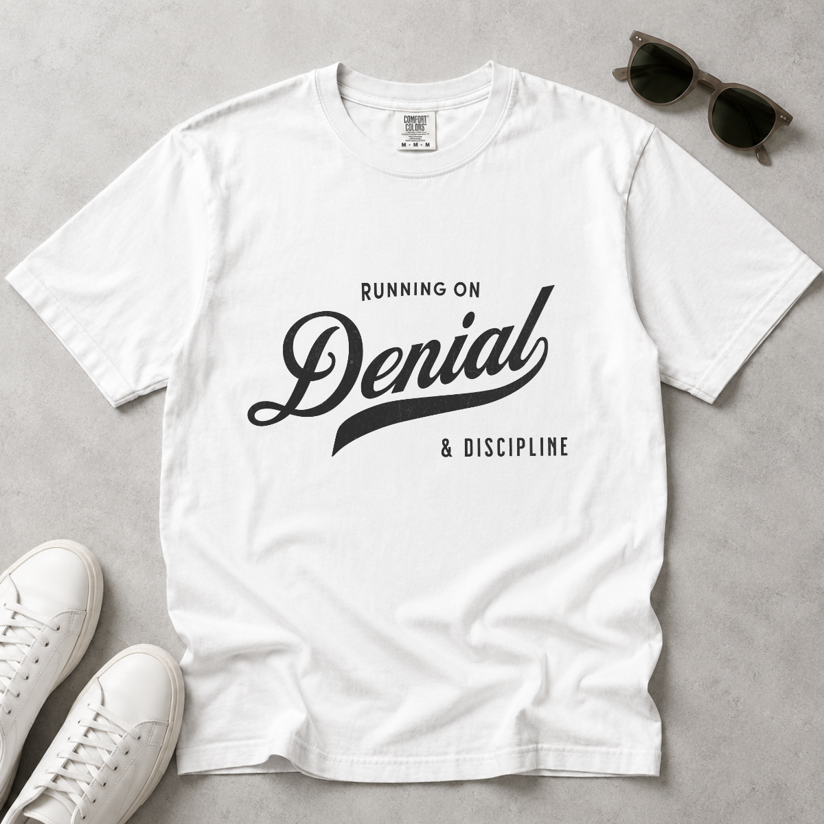 Fueled by Denial & Discipline – Funny Gym T-Shirt | Explorer Edition