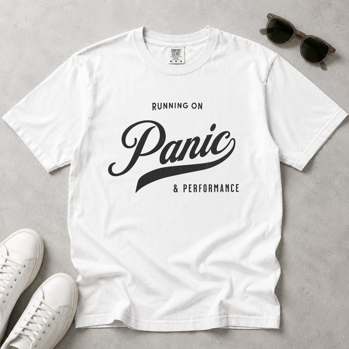 Fueled by Panic & Performance – Funny Work T-Shirt | Explorer Edition