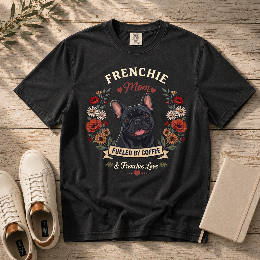 Black French Bulldog Dog Mom T-Shirt | Fueled by Coffee & Frenchie Love