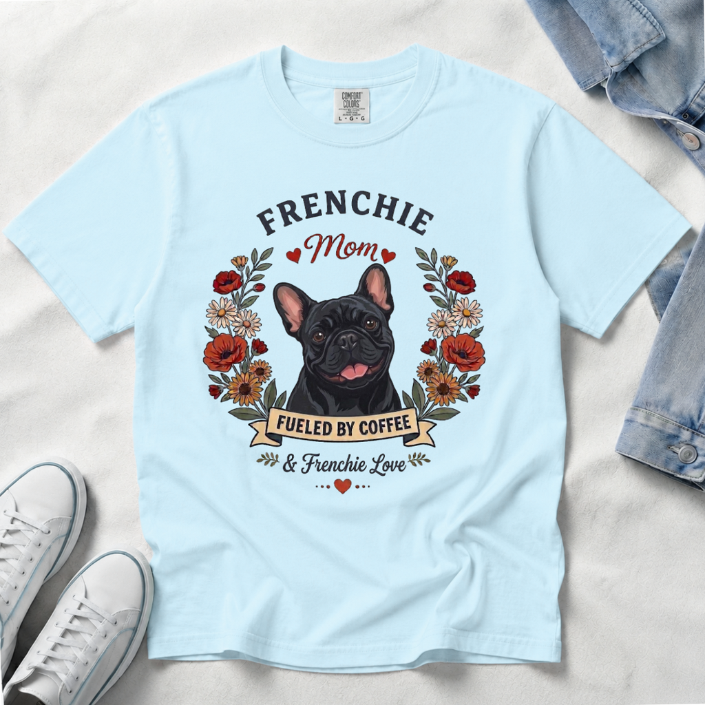 Black French Bulldog Dog Mom T-Shirt | Fueled by Coffee & Frenchie Love
