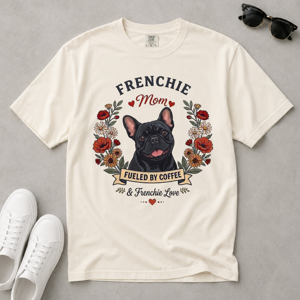 Black French Bulldog Dog Mom T-Shirt | Fueled by Coffee & Frenchie Love