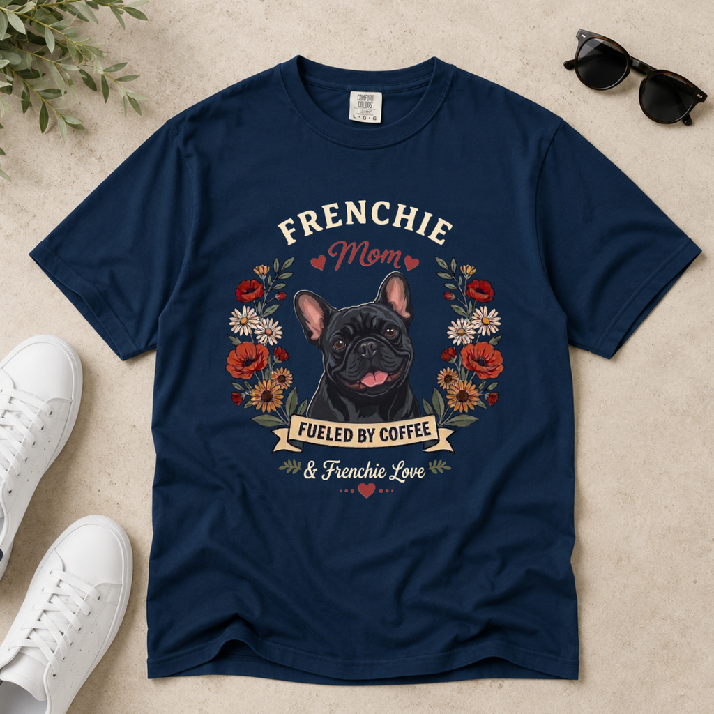 Black French Bulldog Dog Mom T-Shirt | Fueled by Coffee & Frenchie Love