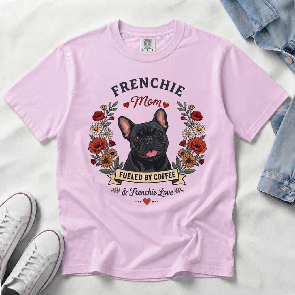 Black French Bulldog Dog Mom T-Shirt | Fueled by Coffee & Frenchie Love