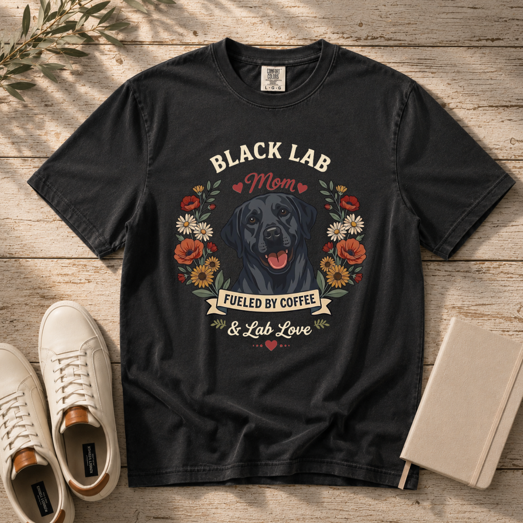 Black Labrador Dog Mom T-Shirt | Fueled by Coffee & Lab Love