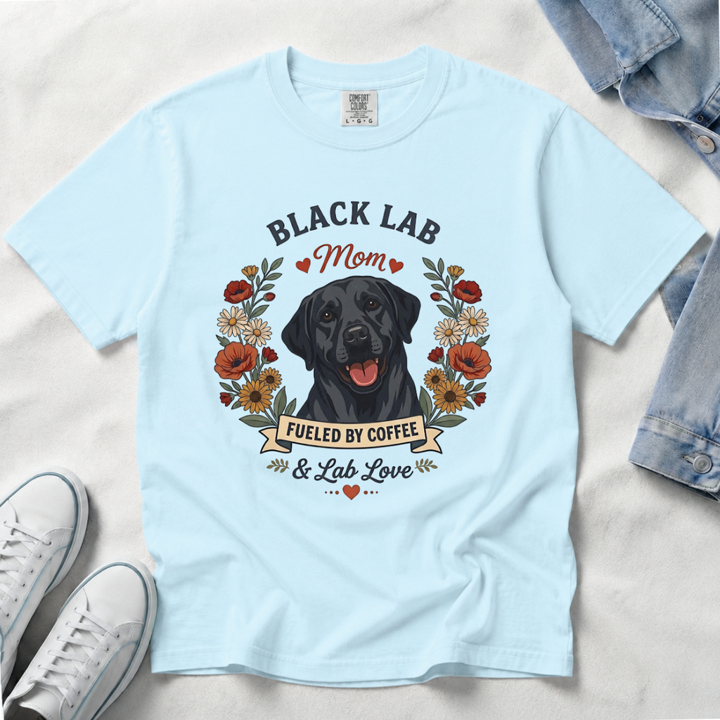 Black Labrador Dog Mom T-Shirt | Fueled by Coffee & Lab Love