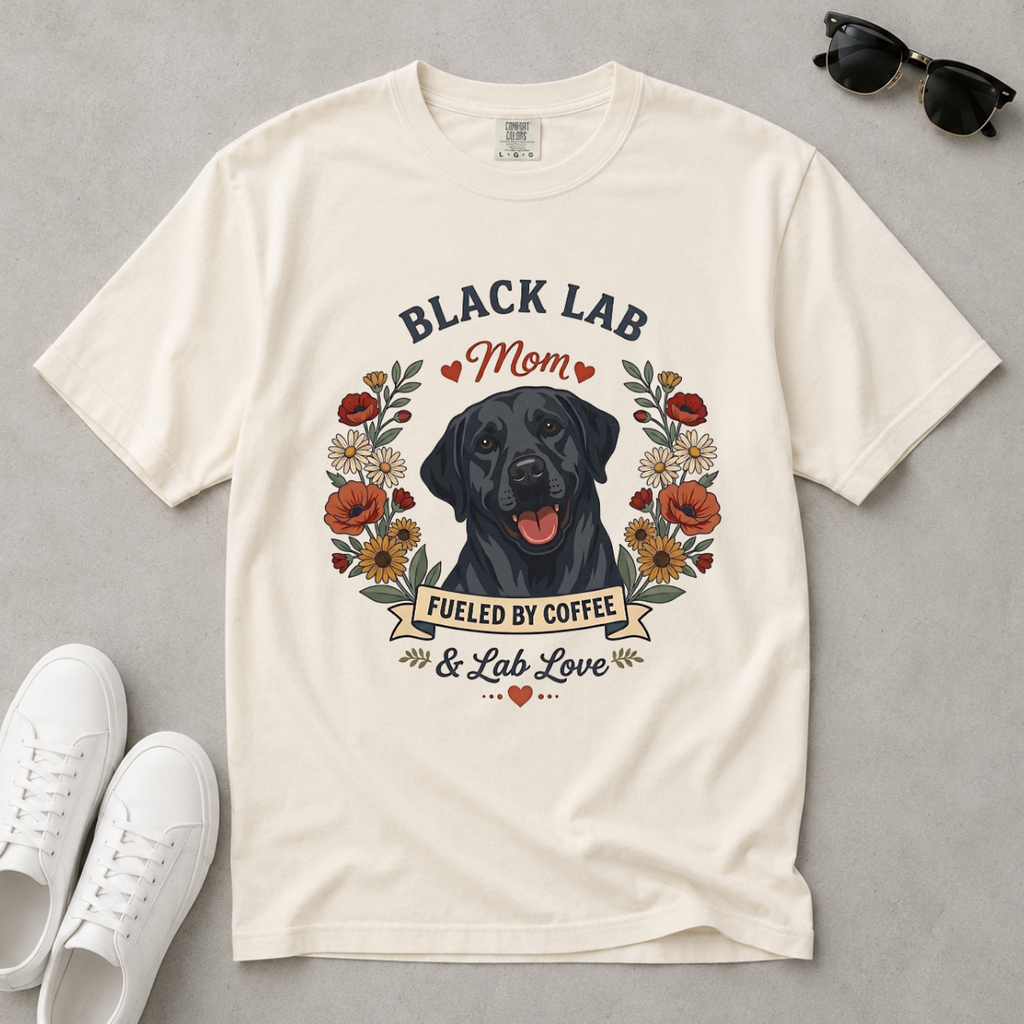 Black Labrador Dog Mom T-Shirt | Fueled by Coffee & Lab Love