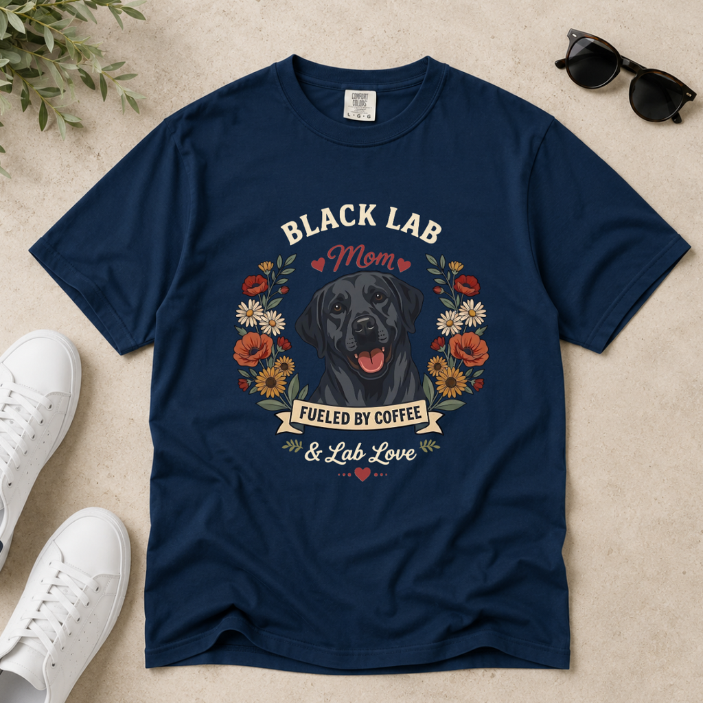 Black Labrador Dog Mom T-Shirt | Fueled by Coffee & Lab Love