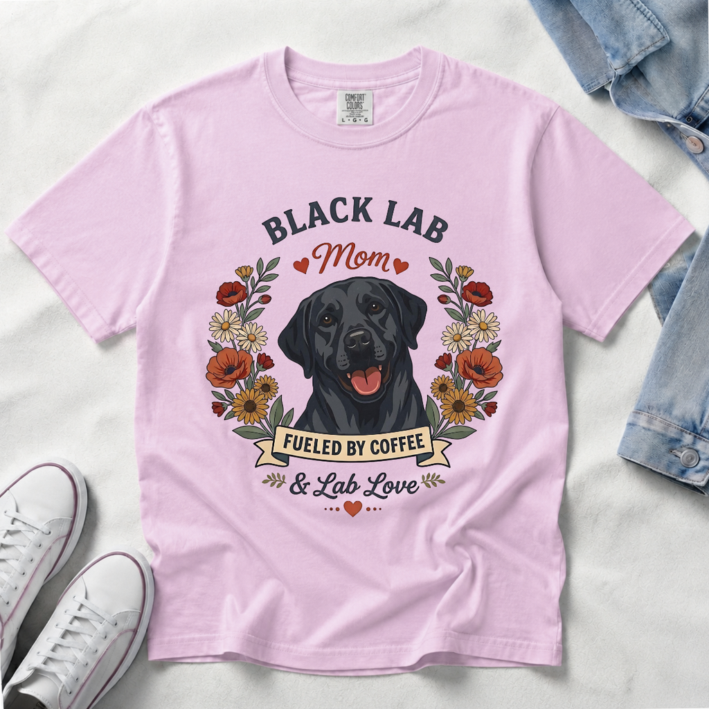 Black Labrador Dog Mom T-Shirt | Fueled by Coffee & Lab Love