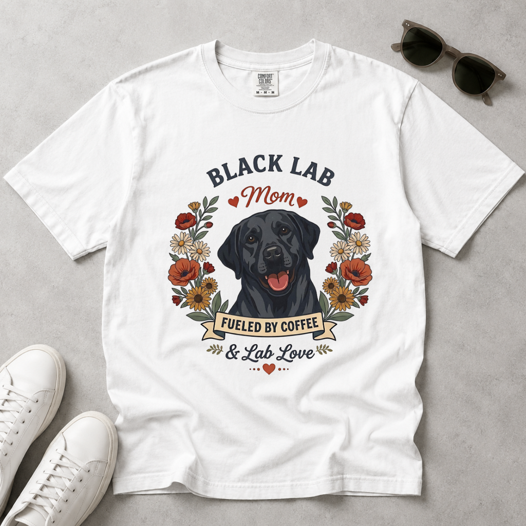 Black Labrador Dog Mom T-Shirt | Fueled by Coffee & Lab Love