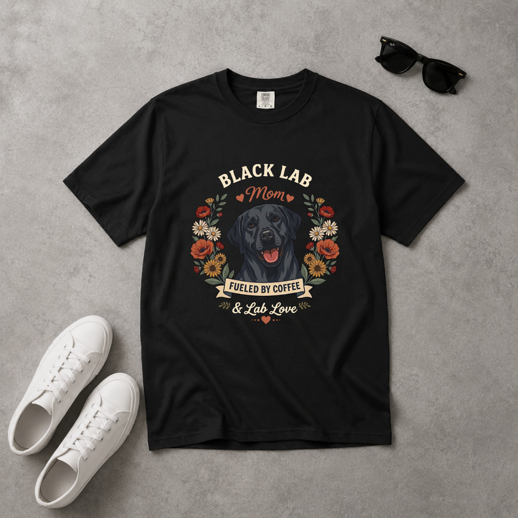 Black Labrador Dog Mom T-Shirt | Fueled by Coffee & Lab Love