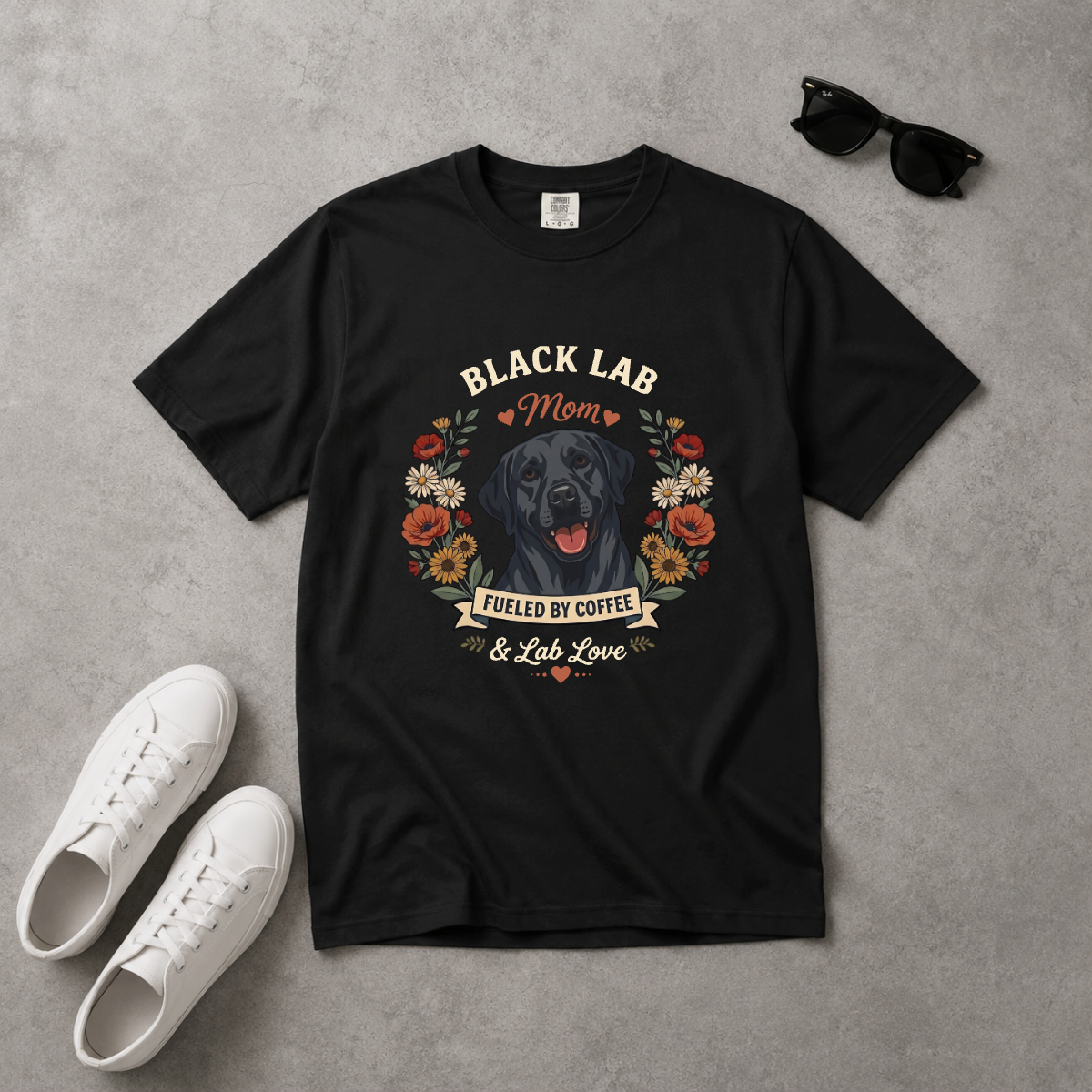 Black Labrador Dog Mom T-Shirt | Fueled by Coffee & Lab Love