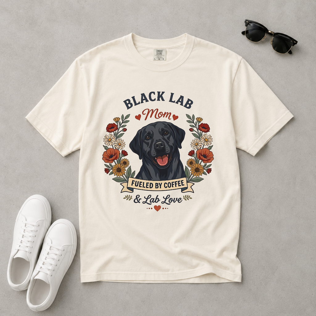 Black Labrador Dog Mom T-Shirt | Fueled by Coffee & Lab Love