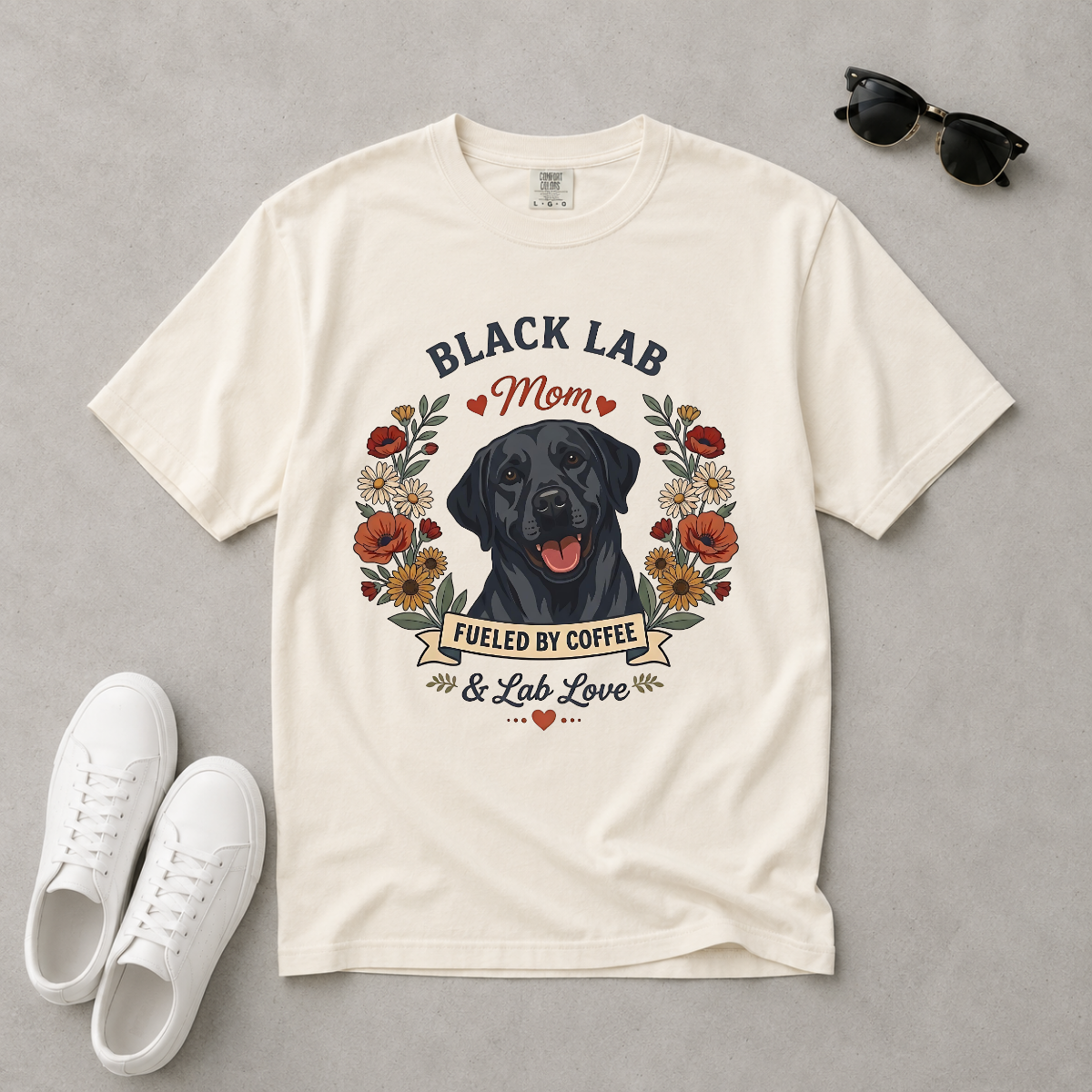 Black Labrador Dog Mom T-Shirt | Fueled by Coffee & Lab Love
