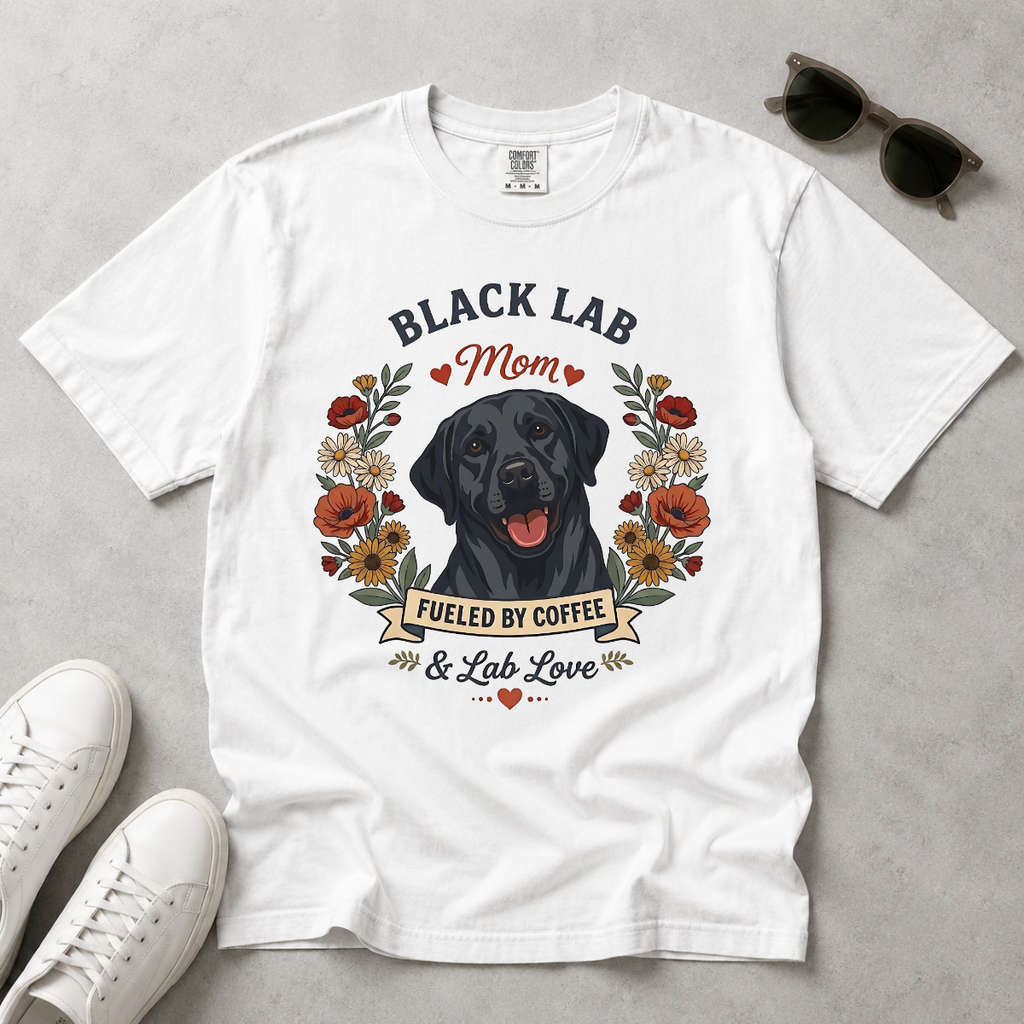 Black Labrador Dog Mom T-Shirt | Fueled by Coffee & Lab Love
