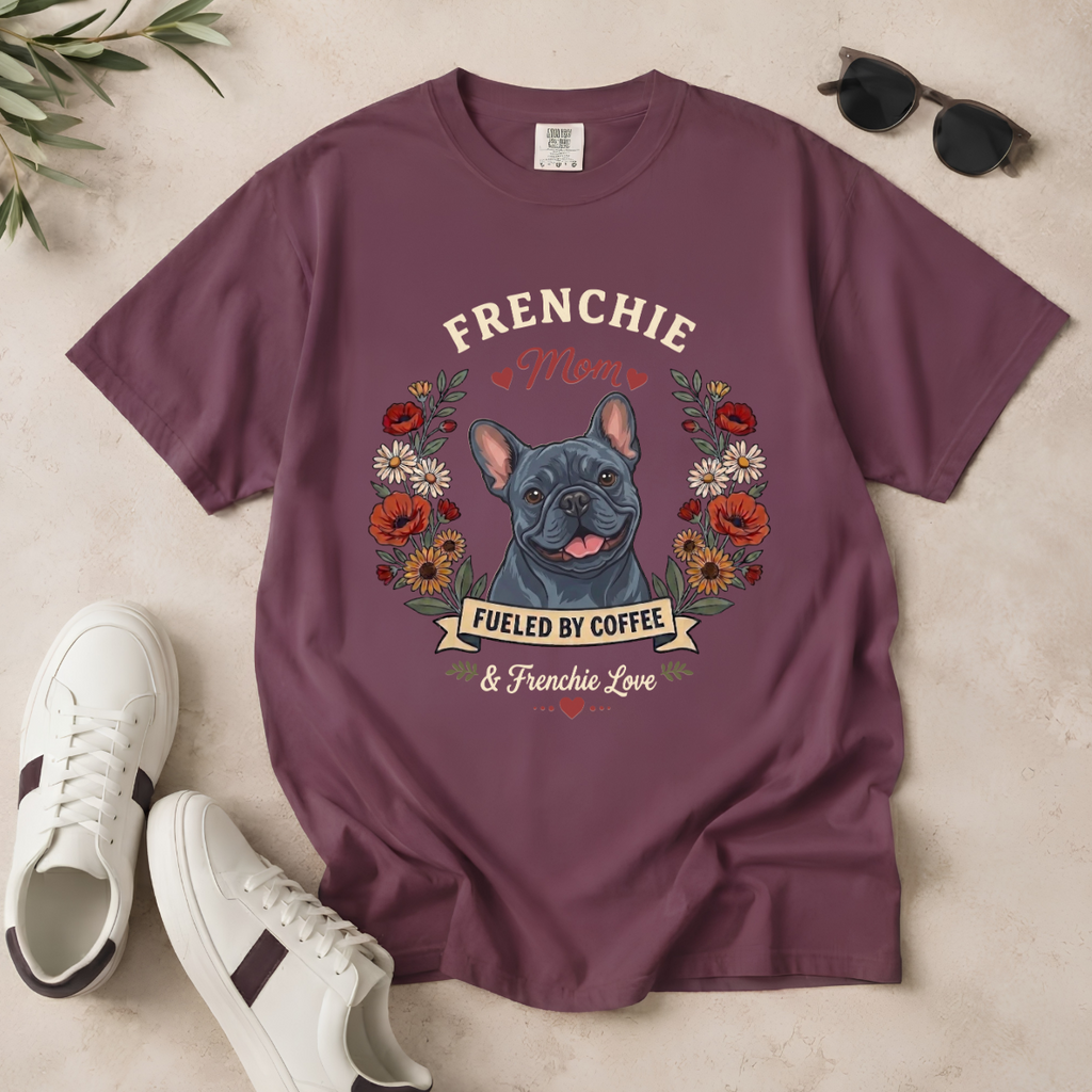 Blue French Bulldog Dog Mom T-Shirt | Fueled by Coffee & Frenchie Love