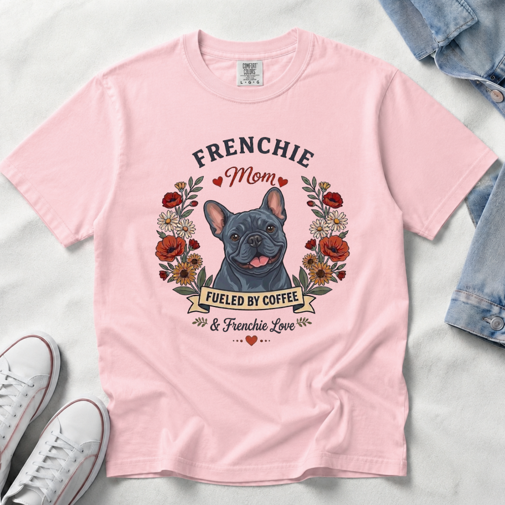 Blue French Bulldog Dog Mom T-Shirt | Fueled by Coffee & Frenchie Love