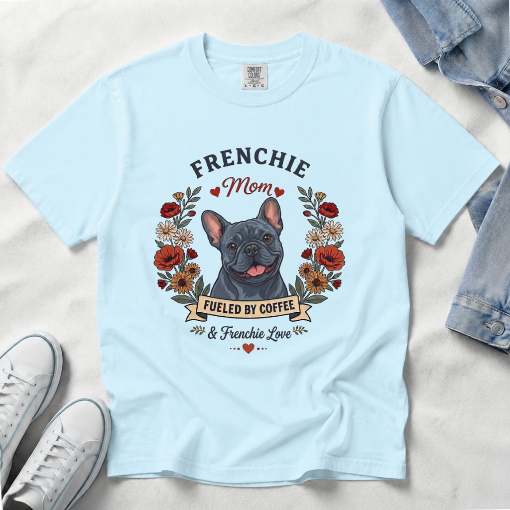 Blue French Bulldog Dog Mom T-Shirt | Fueled by Coffee & Frenchie Love