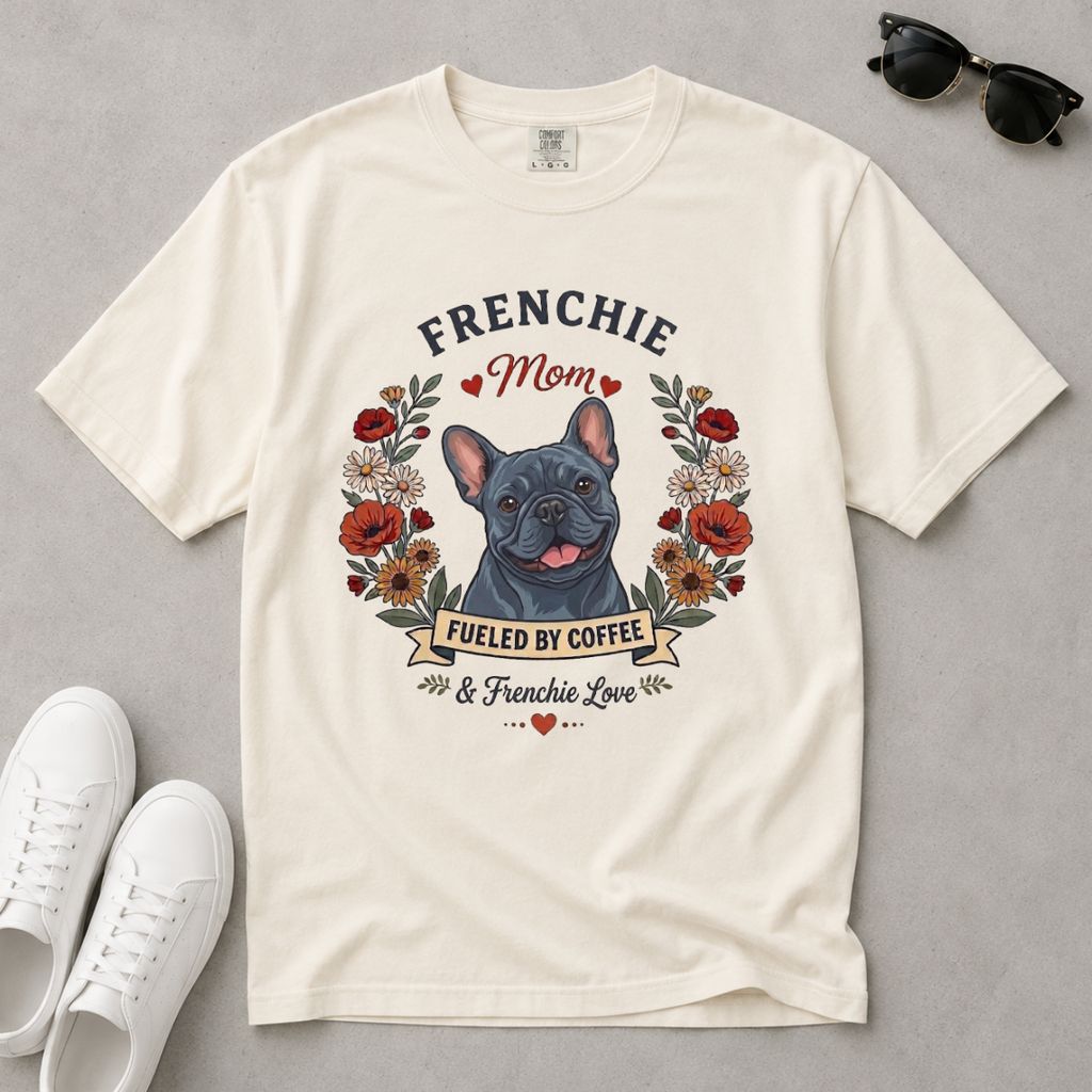 Blue French Bulldog Dog Mom T-Shirt | Fueled by Coffee & Frenchie Love